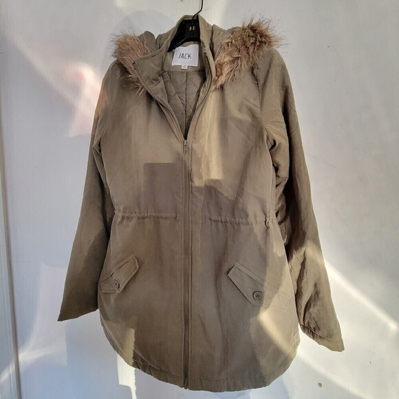 Jack by BB Dakota Army Green Zipper Front Quilted Inner Fur Hood Jacket Medium - Picture 1 of 12
